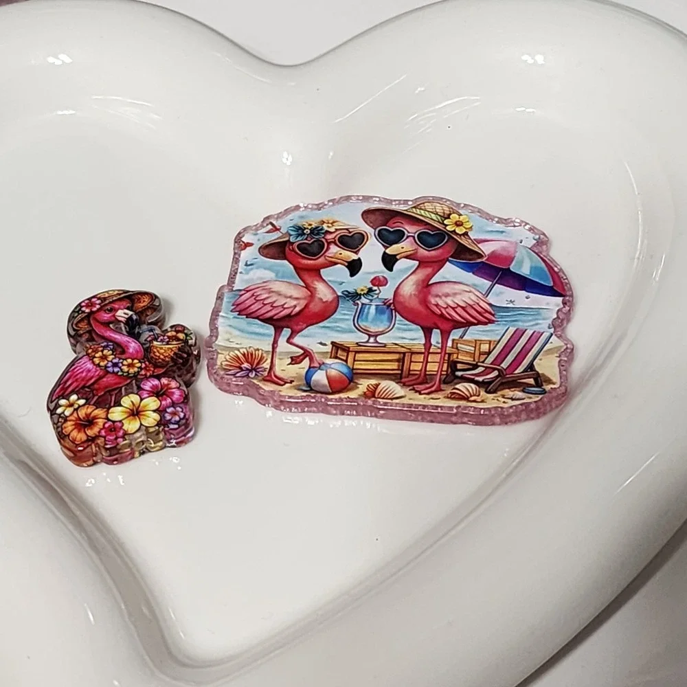 Flamingo Beach Flatback Focal Bead Badge Keychain Jewelry Making Beaded Pen
